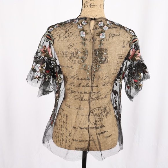 Zara Floral Embroidered Sheer Top Small - Picture 9 of 12